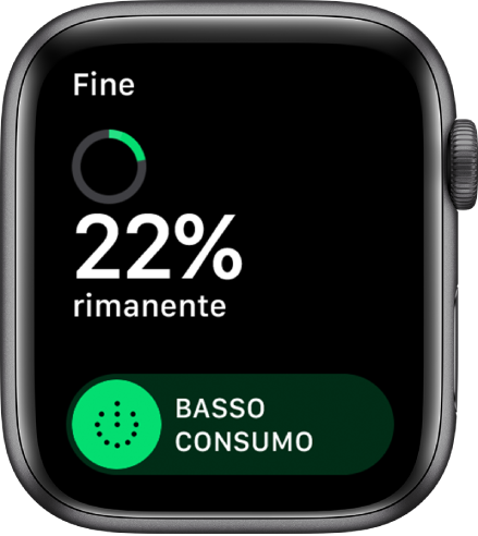 La schermata di “Basso consumo” che mostra il pulsante Fine in alto a sinistra, la percentuale di carica rimanente e il cursore “Basso consumo”.
