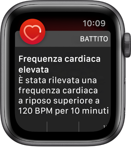 La schermata “Frequenza cardiaca elevata” che mostra una notifica perché il battito cardiaco ha superato i 120 bpm durante un periodo di inattività di 10 minuti.