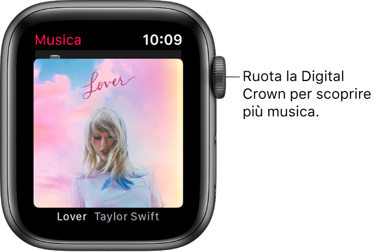 Schermata che mostra un album e la relativa illustrazione nell'app Musica.