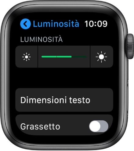Le impostazioni di luminosità su Apple Watch con il cursore della luminosità in alto, il pulsante Dimensioni in basso e il controllo Grassetto in basso.