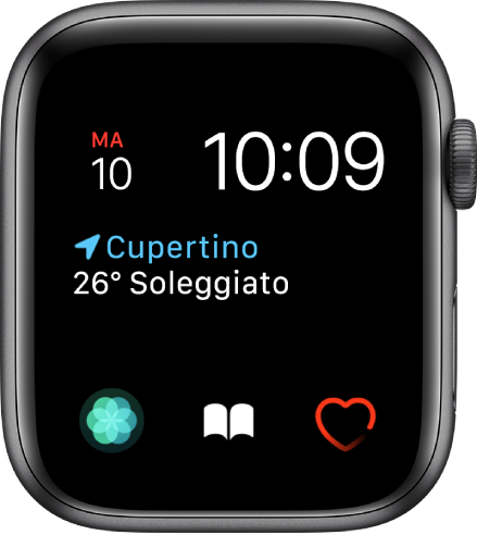 Il quadrante Modulare in cui puoi regolare il colore del quadrante. Mostra l'ora e la data in alto, la complicazione “Condizioni meteo” in mezzo e tre quadranti secondari di complicazioni in basso: Respirazione, Audiolibri e Battito cardiaco.
