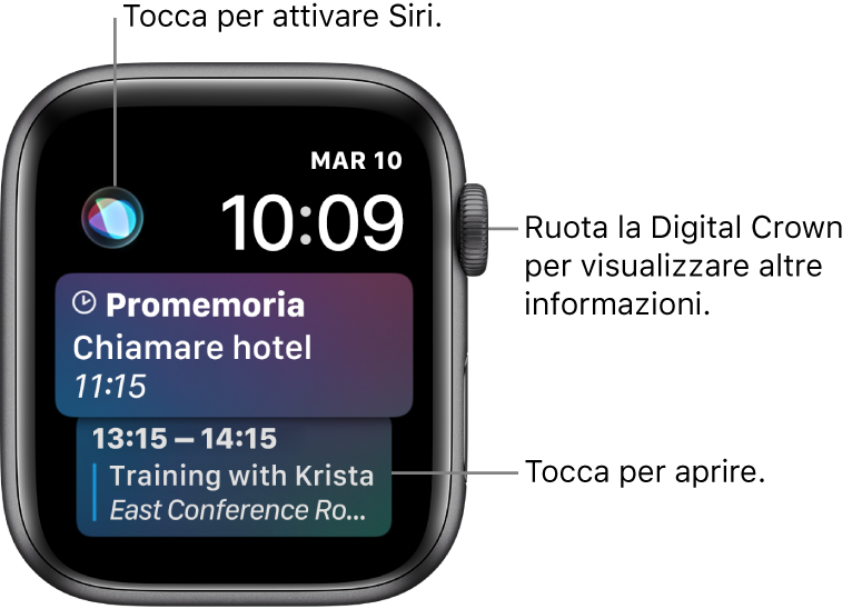 Quadrante Siri che mostra un promemoria e un evento del calendario. In alto a sinistra sullo schermo è presente un pulsante Siri. La data e l'ora si trovano in alto a destra.