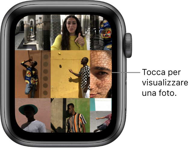 La schermata principale dell’app Foto su Apple Watch, con alcune foto visualizzate in una griglia.