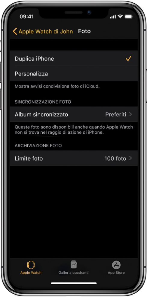 Le impostazioni di Foto nell’app Watch su iPhone, con l’impostazione relativa all’album sincronizzato al centro e l’impostazione relativa al limite di foto sotto.