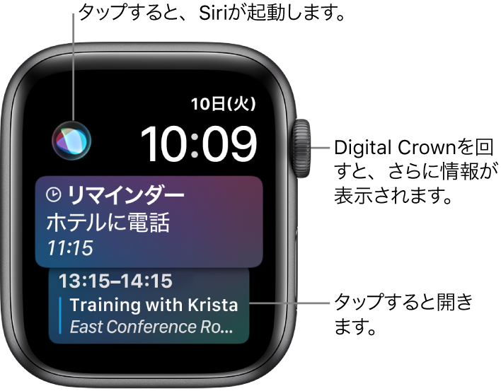 「Siri」の文字盤。リマインダーとカレンダーイベントが表示されています。画面の左上にSiriボタンがあります。右上に日付と時刻が表示されています。