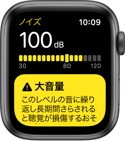 「ノイズ」App。100dBの値が表示されています。その下に、このレベルの音に長期間さらされることに関する警告が表示されています。