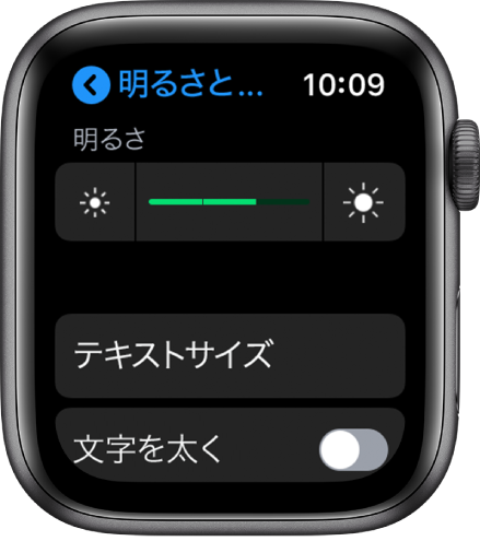 Apple Watchの「明るさ」設定。上部に「明るさ」スライダ、その下に「テキストサイズ」ボタン、一番下に「文字を太く」コントロールがあります。