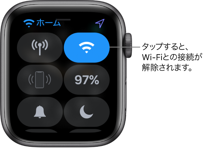 Apple Watch（GPS＋モバイル通信）のコントロールセンター。右上にWi-Fiボタン。「タップすると、Wi-Fiとの接続が解除されます。」というコールアウト
