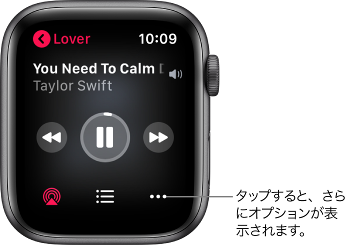 「ミュージック」Appの「再生中」画面。左上にアルバム名があります。上部に曲のタイトルとアーティスト、中央に再生コントロール、下部にAirPlay、トラックリスト、「オプション」ボタンが表示されています。