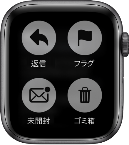 Apple Watchでメッセージを表示しているときに画面を押すと、「返信」、「フラグ」、「未開封」、「ゴミ箱」の4つのボタンが画面に表示されます。