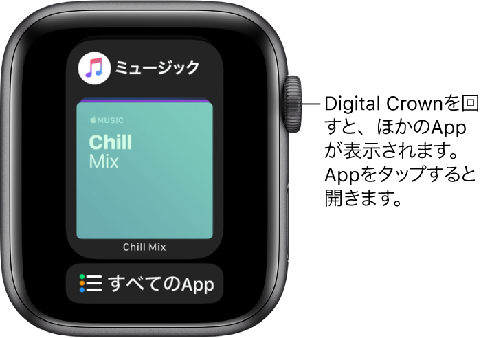 「ミュージック」Appとその下に「すべてのApp」ボタンが表示されているDock。Digital Crownを回すと、さらにAppが表示されます。タップすると、Appが開きます。