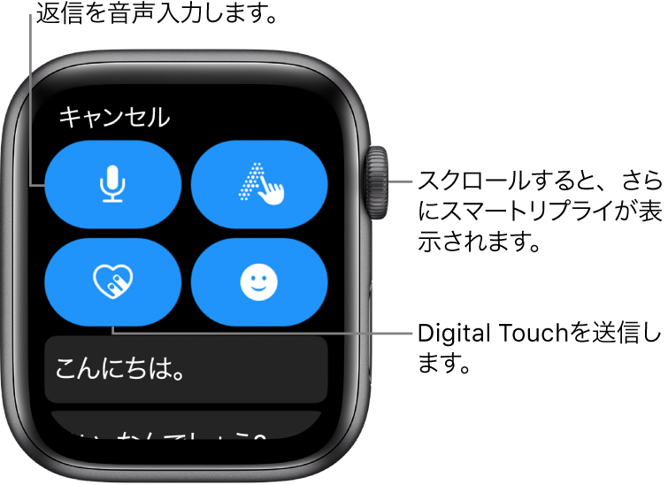 返信画面。「音声入力」、「指書き入力」、「Digital Touch」、および「絵文字」ボタンが表示されています。その下にはスマートリプライがあります。Digital Crownを回すと、さらにスマートリプライが表示されます。