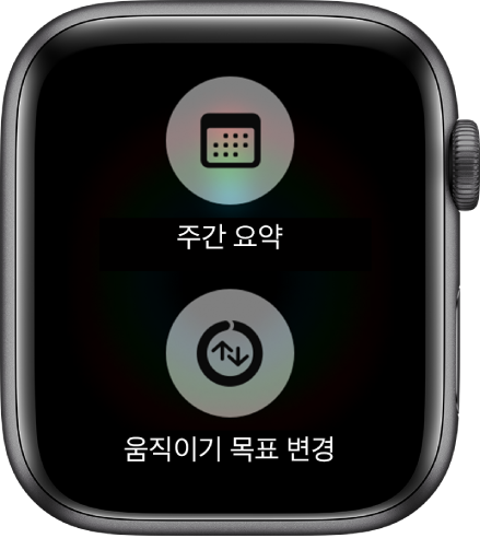 주간 요약 버튼 및 움직이기 목표 변경 버튼이 표시된 활동 앱 화면.