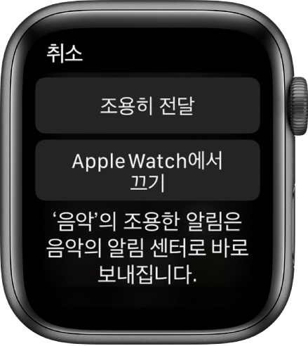 Apple Watch의 알림 설정. 상단 버튼은 ‘조용히 전달’이라고 쓰여 있고 그 아래 버튼은 ‘Apple Watch에서 끄기’라고 쓰여 있음.