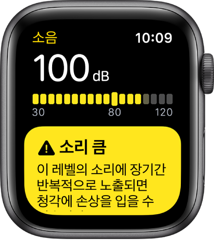 100dB의 판독 값을 보여주는 소음 앱. 이 사운드 수준의 장기간 노출에 관한 경고가 아래에 나타남.