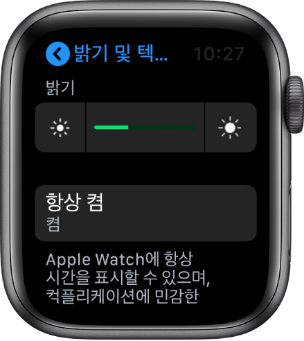 밝기 및 텍스트 크기 화면에서 항상 켬 버튼을 보여주는 Apple Watch 화면.