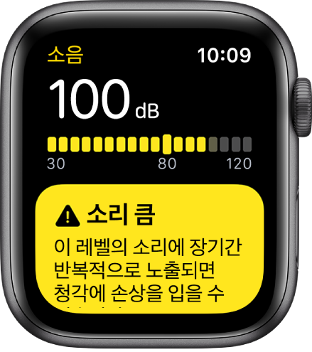 100dB 데시벨 단계를 보여주는 소음 스크린. 경고가 아래에 나타남.