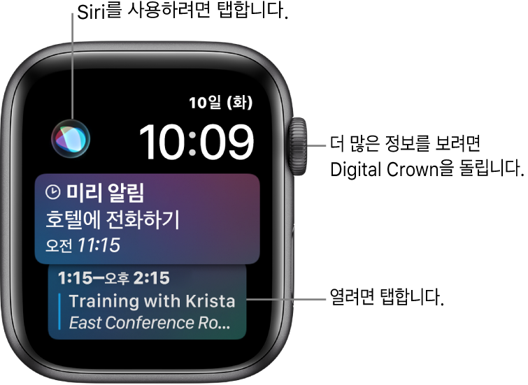 미리 알림과 캘린더 이벤트가 표시된 Siri 시계 페이스. 화면 왼쪽 상단에 Siri 버튼. 오른쪽 상단에 공유 버튼.