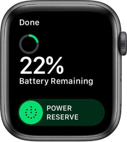 Ekrano „Power Reserve“ viršuje kairėje rodomas mygtukas „Done“, o po juo nurodytas likusios akumuliatoriaus energijos procentas ir pateiktas „Power Reserve“ slankiklis.
