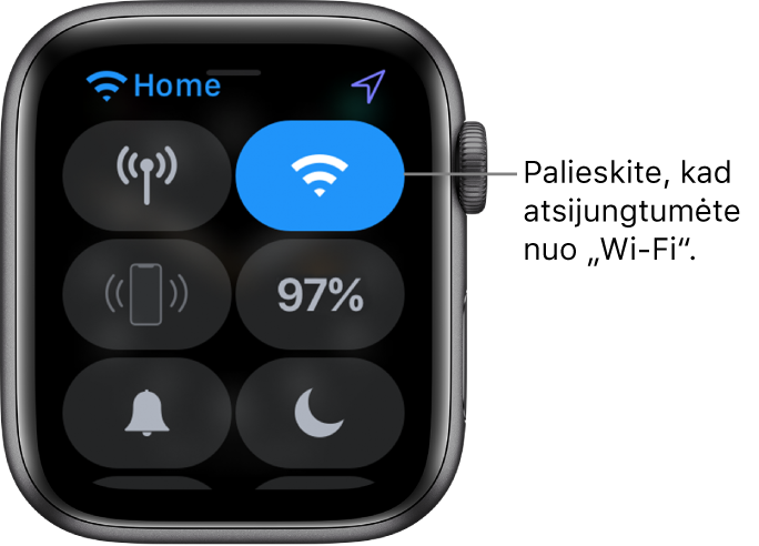 „Control Center“, rodomas „Apple Watch“ (palaikančiame GPS ir mobilųjį ryšį); „Wi-Fi“ mygtukas pateiktas viršuje dešinėje. Paaiškinimas nurodo: „Palieskite, kad atsijungtumėte nuo „Wi-Fi“.