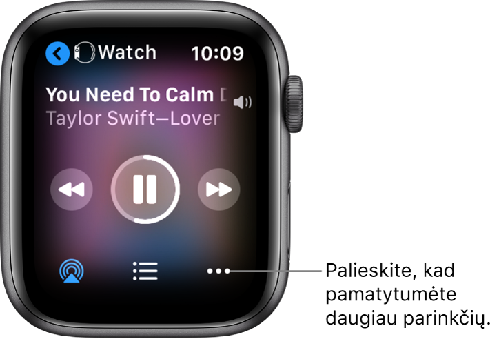 „Now Playing“ ekranas, kurio viršuje kairėje rodomas „Watch“ su į kairę nukreipta rodykle, kurią paspaudus atidaromas įrenginio ekranas. Žemiau rodomas dainos pavadinimas ir atlikėjo vardas. Leidimo valdikliai yra viduryje. „AirPlay“, garso takelių sąrašas ir papildomų parinkčių mygtukai rodomi ekrano apačioje.
