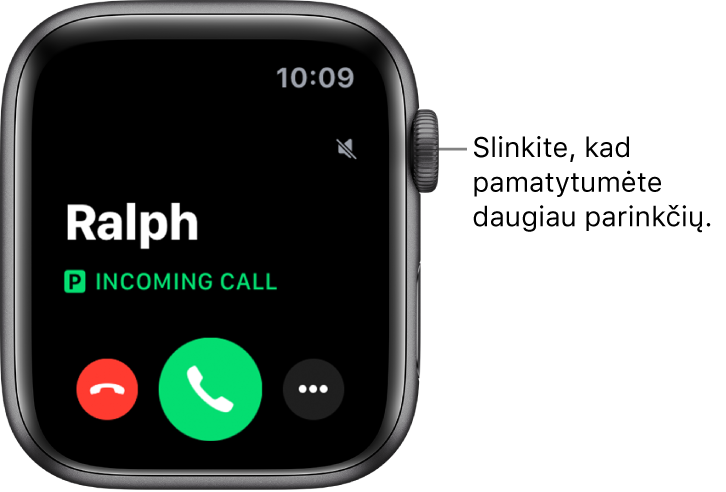 „Apple Watch“ ekranas, rodomas, kai gaunamas skambutis: skambinančiojo vardas, žodžiai „Incoming Call“, raudonas atmetimo mygtukas, žalias atsiliepimo mygtukas ir papildomų parinkčių mygtukas.