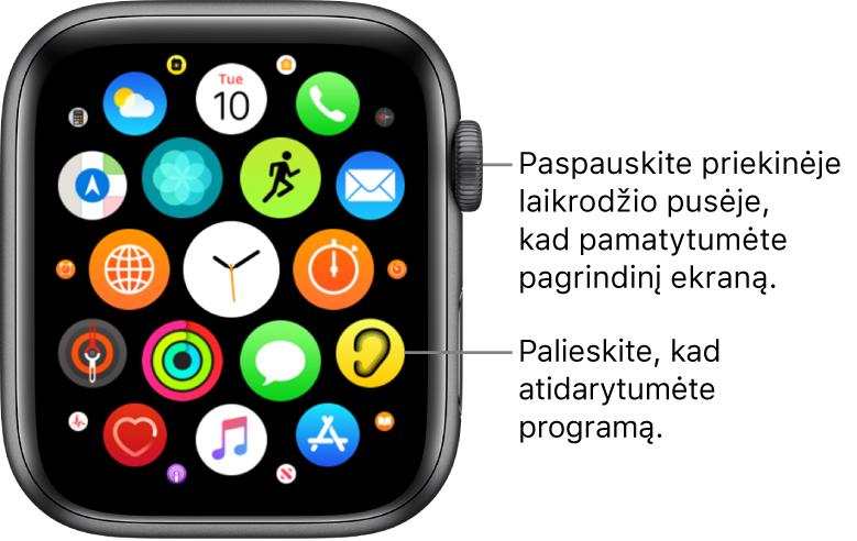 „Apple Watch“ pagrindinio ekrano tinklelio rodinys; programos rodomos kartu viename ekrane. Norėdami programą atidaryti ją palieskite. Vilkite, kad pamatytumėte daugiau programų.