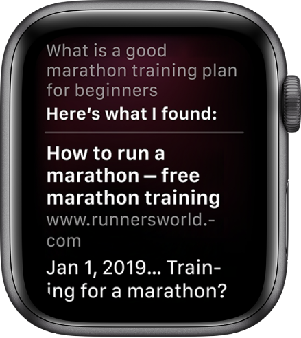 „Siri“ atsako į klausimą „Koks tinkamas maratono treniruočių planas pradedantiesiems“ su atsakymu iš interneto.