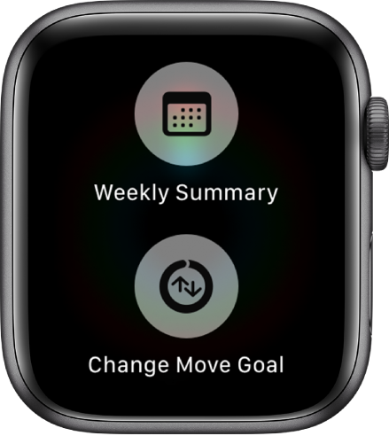 Programos „Activity“ ekranas, kuriame pateikti mygtukai „Weekly Summary“ ir „Change Move Goal“.
