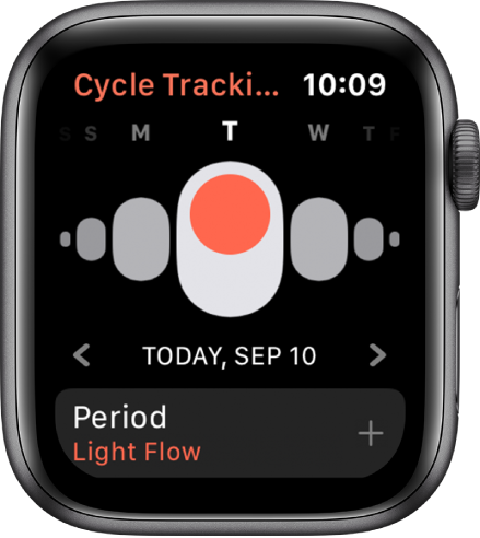 Programos „Cycle Tracking“ ekranas, kurio viršuje rodomos savaitės dienos, žemiau – dabartinė data, o apačioje – mygtukas „Period“.