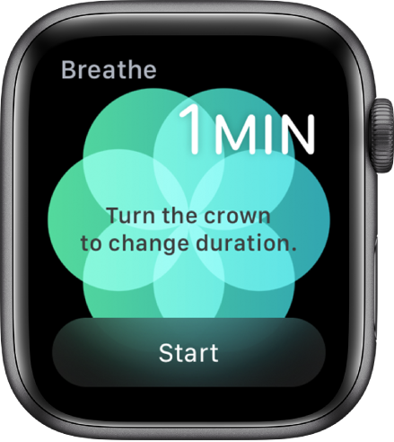 Programos „Breathe“ ekranas: viršuje dešinėje rodoma vienos minutės trukmė, o apačioje – mygtukas „Start“.