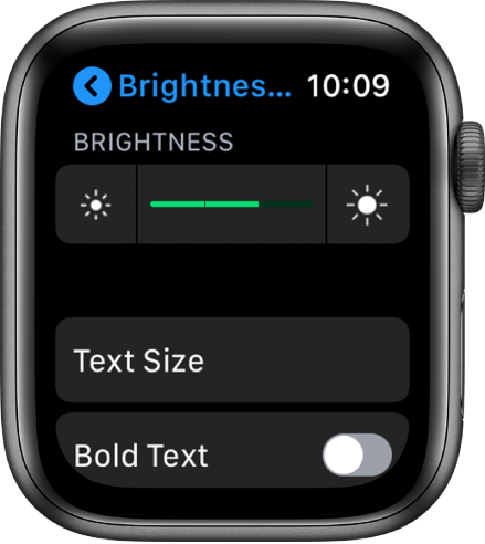 „Apple Watch“ ryškumo nustatymai, „Brightness“ slankiklis pateiktas viršuje, mygtukas „Text Size“ pateiktas žemiau, o „Bold Text“ valdiklis pateiktas apačioje.