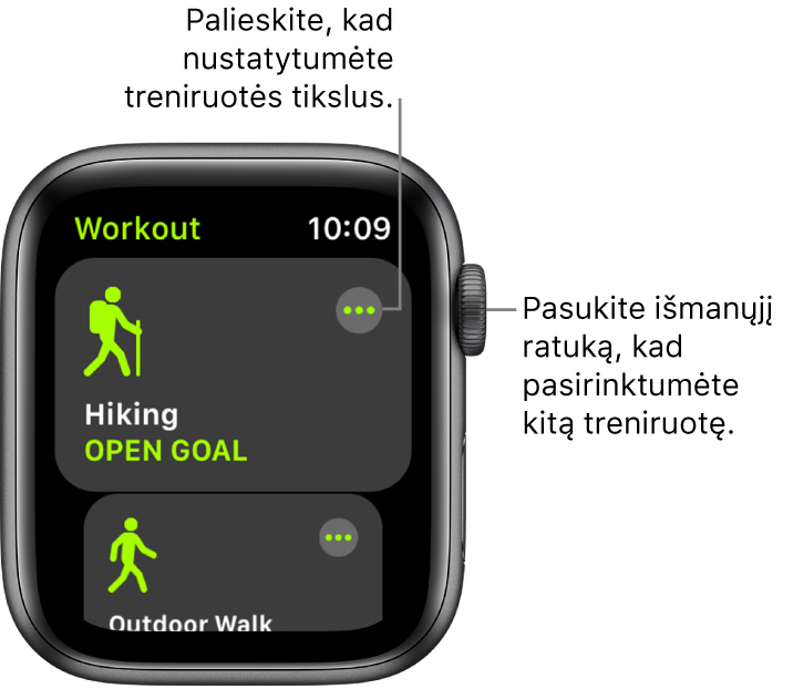 „Workout“ ekranas, kuriame pažymėta treniruotė „Hiking“. Viršuje dešinėje pateiktas papildomos informacijos mygtukas. Apačioje rodoma treniruotės „Outdoor Walk“ rodinio dalis.