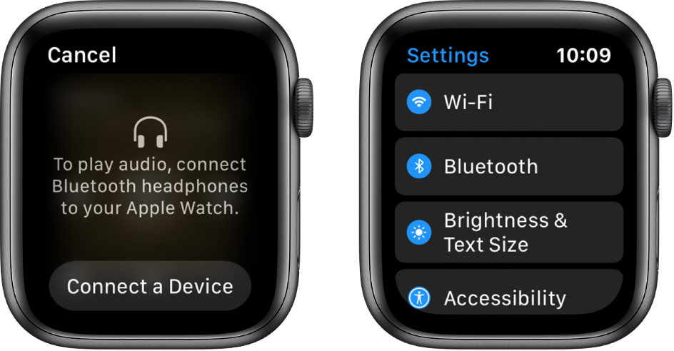 Jei „Apple Watch“ nustatysite kaip garso šaltinį prieš susiedami „Bluetooth“ ausines arba garsiakalbius, apatinėje ekrano dalyje bus rodomas mygtukas „Connect a Device“, kurį pasirinkus atidaromi „Apple Watch“ pateikti „Bluetooth“ nustatymai ir galima įtraukti klausymosi įrenginį.
