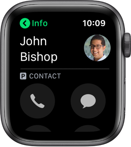 Ekranas „Phone“, kuriame rodomas adresatas ir skambinimo bei pranešimų mygtukai.