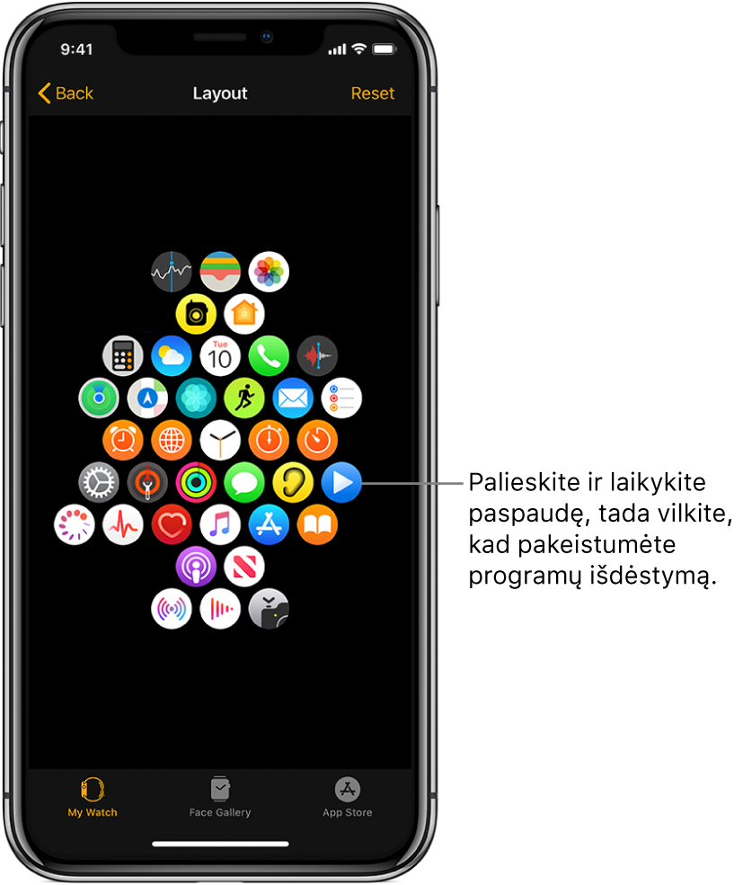Programos „Apple Watch“ ekrane „Layout“ rodomas piktogramų tinklelis. Paaiškinimas nurodo programos piktogramą ir tekstą: „Palieskite, palaikykite ir vilkite, kad pakeistumėte programų išdėstymą.“