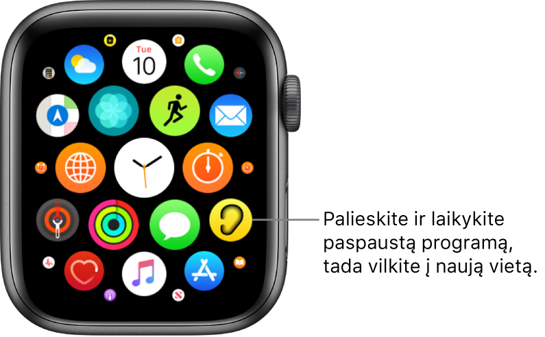 „Apple Watch“ pagrindinio ekrano tinklelio rodinys. Paaiškinimas nurodo: „Palieskite ir laikykite paspaudę programą, tada vilkite į naują vietą.“