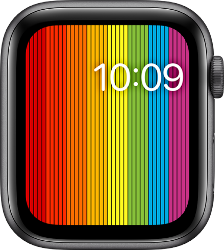 Laikrodžio ciferblatas „Pride Digital“, kuriame rodomos vertikalios vaivorykštės juostos; viršuje dešinėje pateiktas laikas.