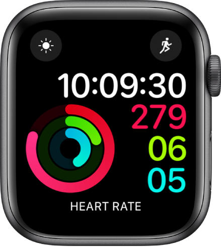 Laikrodžio ciferblatas „Activity Digital“, kuriame rodomi laikas ir „Move“, „Exercise“ bei „Stand“ tinkslų siekimo rezultatai. Taip pat įtraukti trys valdikliai: viršuje kairėje pateiktas „Weather Conditions“ valdiklis, viršuje dešinėje pateiktas „Workout“ valdiklis, o apačioje – „Heart Rate“ valdiklis.