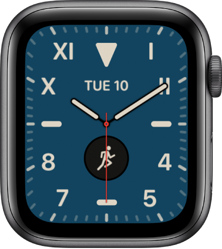 Laikrodžio ciferblate „California“ rodomi romėniški ir arabiški skaitmenys. Rodomi du valdikliai: „Date“ ir „Workout“.