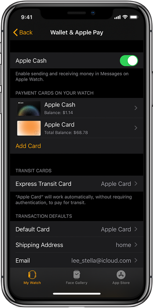 Ekrāns Wallet & Apple Pay, kas atvērts iPhone lietotnē Apple Watch. Ekrānā ir redzamas Apple Watch pulkstenim pievienotās kartes, jūsu izvēlētā karte, ko izmantot braucienam ar sabiedrisko transportu, un transakcijas noklusējuma iestatījums.