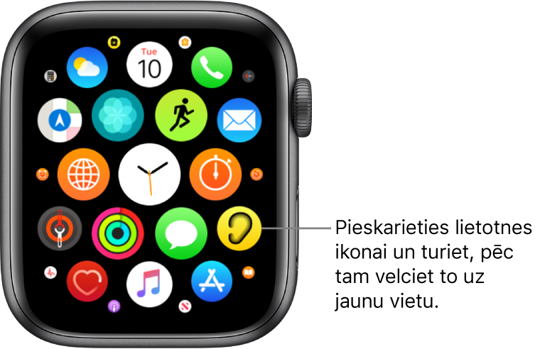 Apple Watch sākuma ekrāns režģa skatā. Tam ir remarka “Pieskarieties lietotnes ikonai un turiet, pēc tam velciet to uz jaunu vietu”.