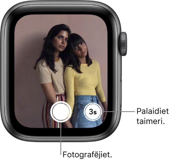 Kad Apple Watch pulkstenis tiek izmantots kā kameras tālvadības pults, tā ekrānā var skatīt iPhone kameras redzeslauku. Apakšdaļas centrā ir poga Take Picture, bet pa labi no tās — poga Take Picture After Delay. Pēc fotoattēla uzņemšanas apakšējā kreisajā stūrī ir poga Photo Viewer.