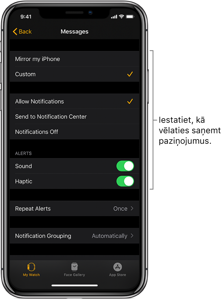 Lietotne Messages iestatījumi iPhone lietotnē Apple Watch. Varat izvēlēties, vai rādīt brīdinājumus, ieslēgt skaņu, ieslēgt taktilo signālu un atkārtot paziņojumus.