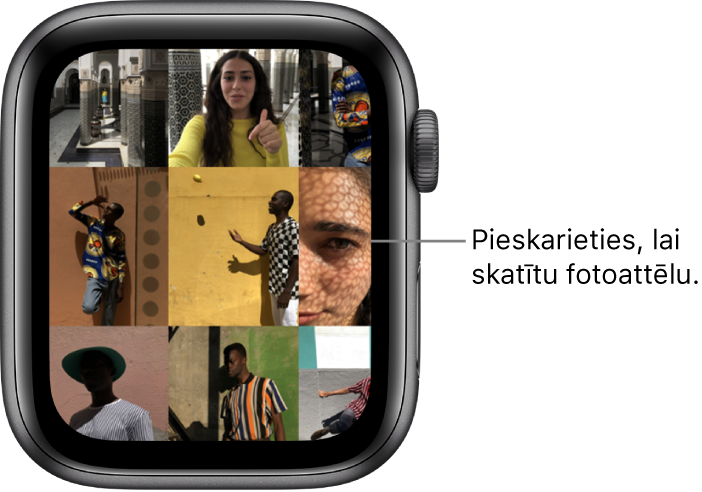 Lietotnes Photos galvenais ekrāns Apple Watch pulkstenī, kurā režģa izkārtojumā izvietoti vairāki fotoattēli.