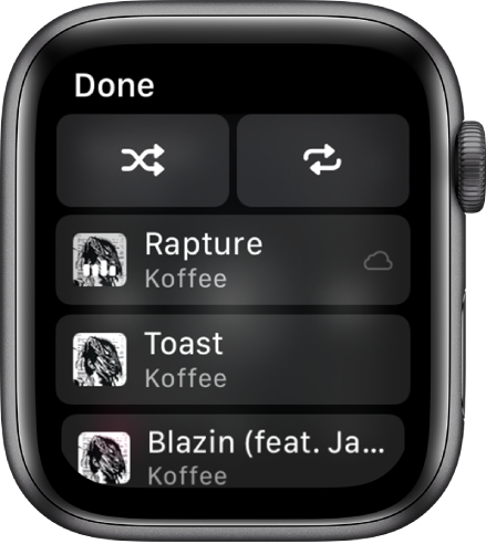 Dziesmu saraksta ekrāns, kura augšdaļā ir redzamas secības jaukšanas un atkārtošanas pogas, un zemāk ir trīs dziesmas. Augšējā kreisajā stūrī atrodas poga Done.