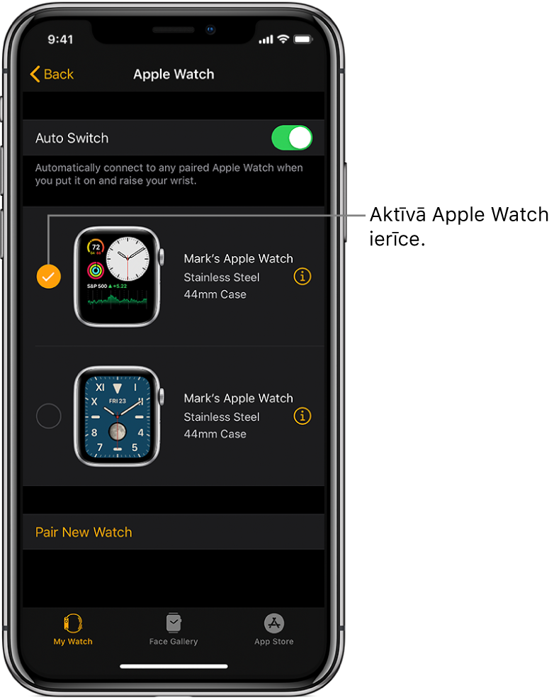 Kontrolzīme norāda aktīvo Apple Watch pulksteni.