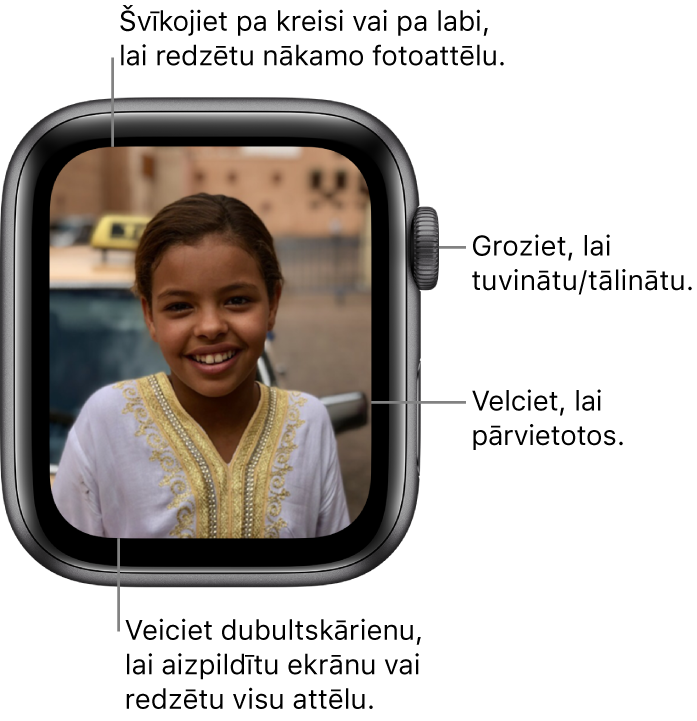 Fotoattēla skatīšanas laikā groziet Digital Crown galviņu, lai tuvinātu/tālinātu, velciet, lai pārvietotos attēlā, vai veiciet dubultskārienu, lai pārslēgtos starp visa fotoattēla skatīšanu un ekrāna aizpildīšanu. Švīkojiet pa kreisi vai pa labi, lai skatītu nākamo fotoattēlu.