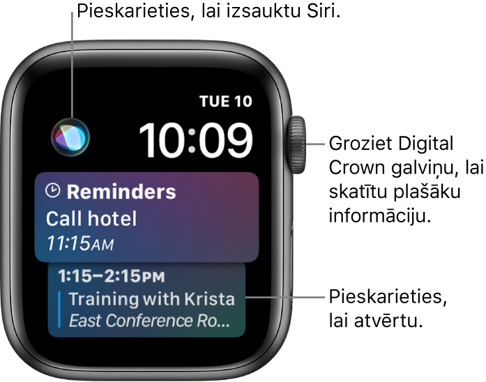 Ciparnīca Siri parāda atgādinājumu un kalendāra pasākumu. Siri poga atrodas ekrāna augšējā kreisajā stūrī. Datums un pulksteņa laiks ir norādīts augšējā labajā stūrī.