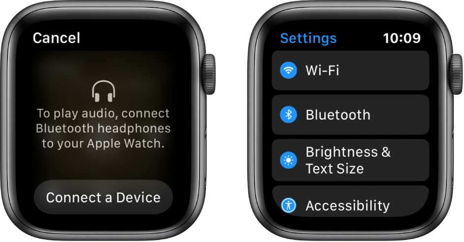 Ja pārslēgsit audio avotu uz savu Apple Watch pulksteni, pirms būs izveidots savienojums pārī ar Bluetooth skaļruņiem vai austiņām, ekrāna apakšdaļā tiks parādīta poga “Connect a Device”, kura ļaus piekļūt jūsu Apple Watch pulksteņa Bluetooth iestatījumiem. Šajos iestatījumos varēsit pievienot klausīšanās ierīci.
